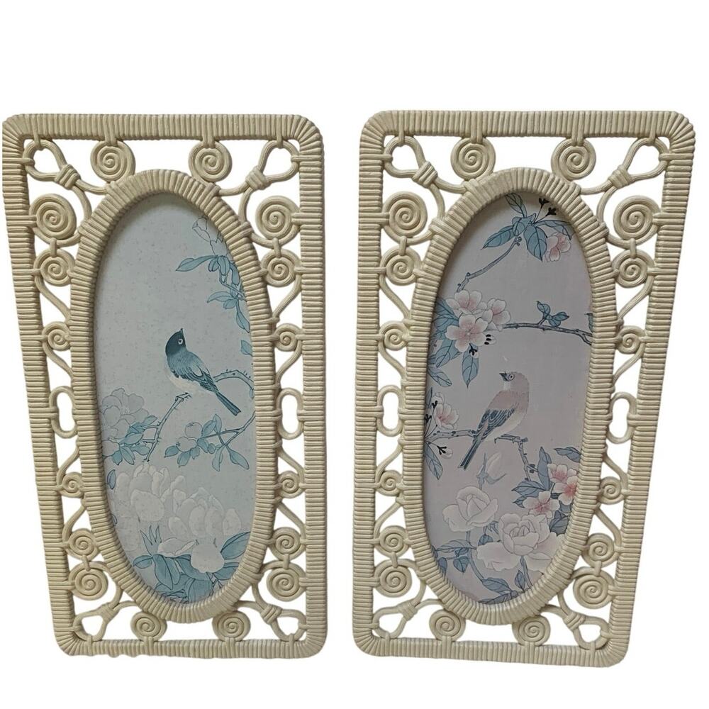 Vintage Syroco MCM Plastic Ratan Look Framed Bird Art Set of 2 USA